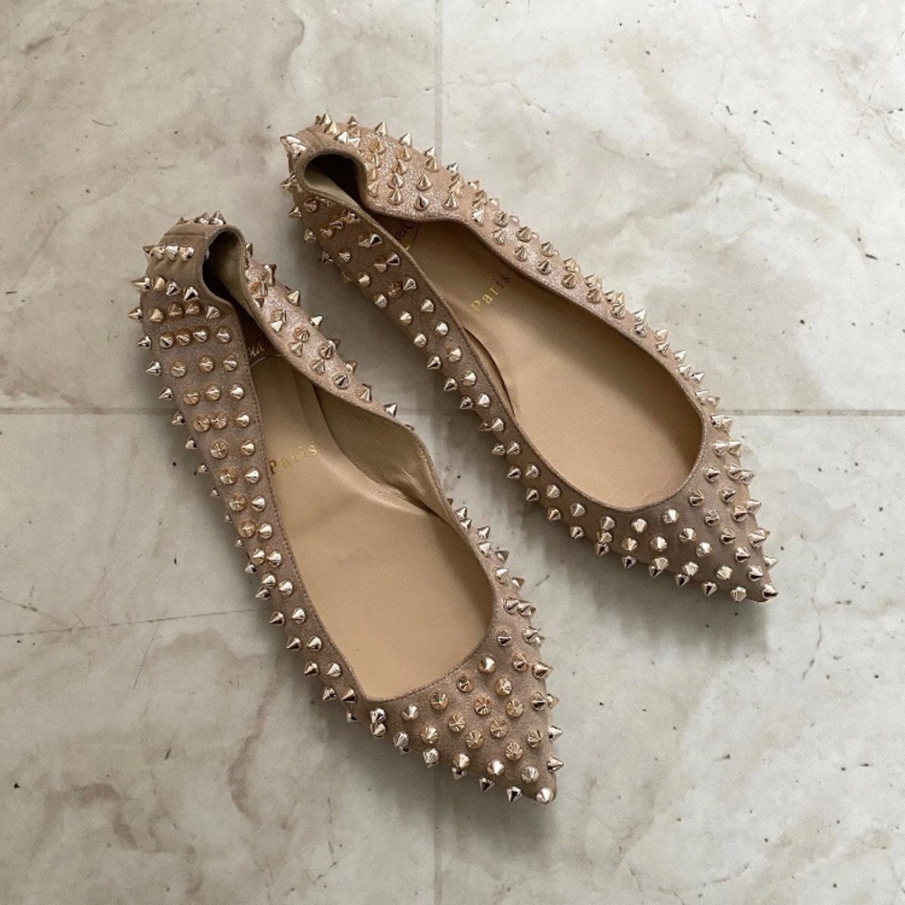 Christian Louboutin Anjalina Rose Gold Metallic Spiked Pointed-toe Flats Sz 6.5